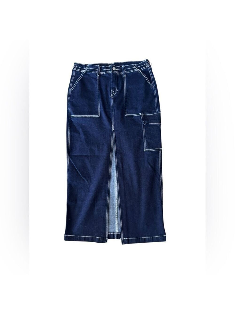 True Religion Cargo Maxi Skirt Dark Blue Denim With Stretch NWT Size 28 Ret $139